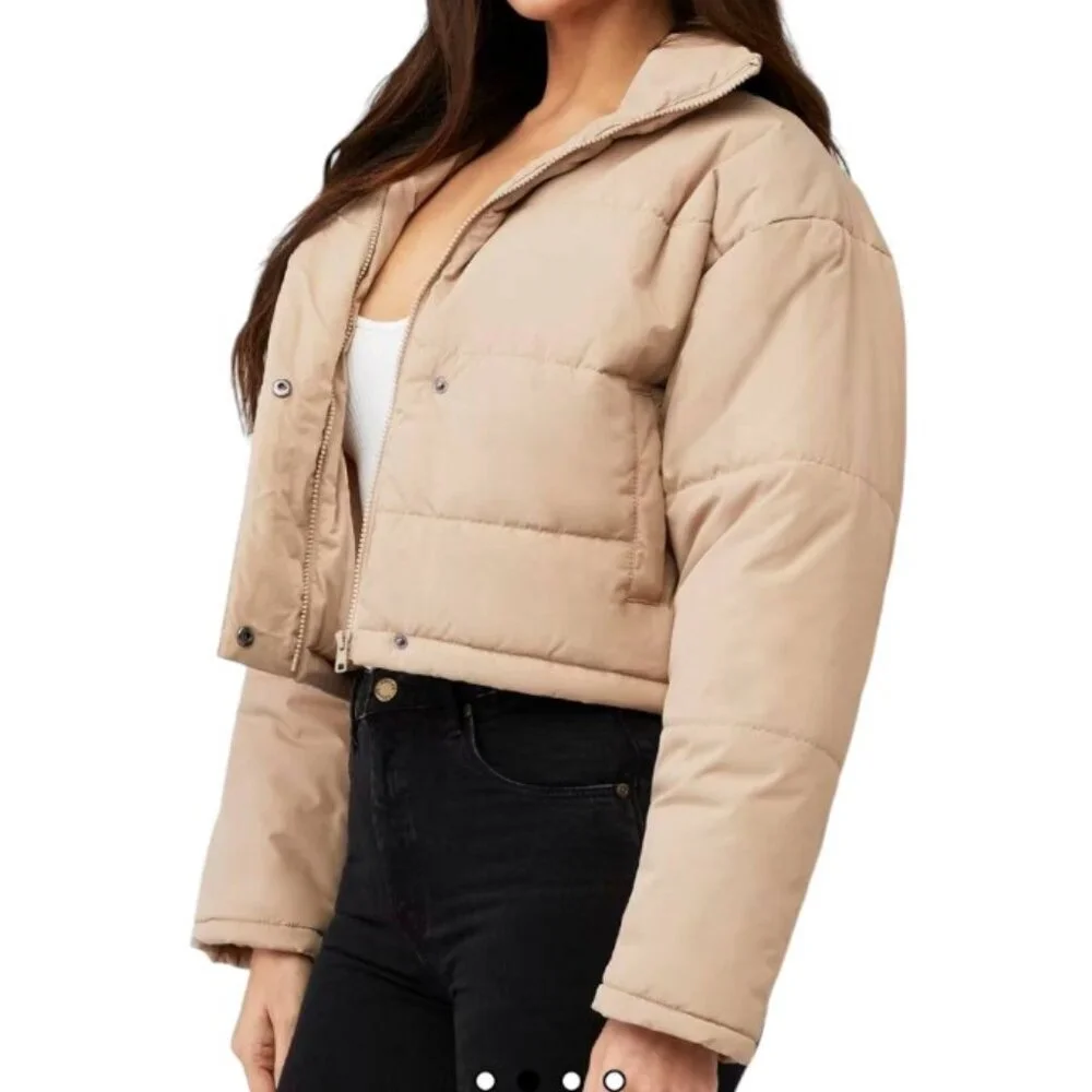 THE FIFTH LABEL Tan Cropped Puffer Jacket Women’s XS Beige Quilted Coat Zip Up - Picture 2 of 8